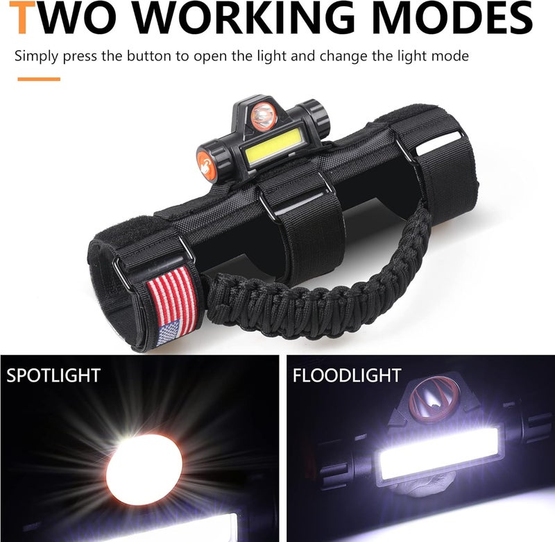 RERPRO Roll Bar Grab Handles with Dome Light for 1945-2025 Jeep Wrangler CJ YJ TJ JK JL Gladiator JT UTV Polaris RZR 2.0”-4.0” Roll Cage Paracord Grip Handle with Light Bar 2 Pack Black - Image 4